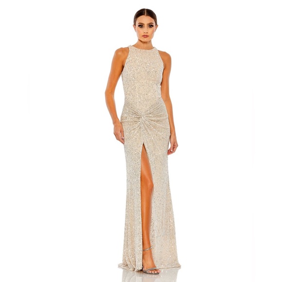 Mac Duggal Dresses & Skirts - IEENA for MAC DUGGAL SEQUINED HIGH NECK SIDE KNOT GOWN Nude Silver Sz 18 NWT